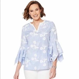 Lysse Top Sz M Blue Striped Applique Blouse Flared Sleeve